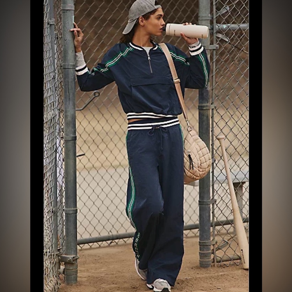 FP Movement by Free People Here to There Navy Track Suit w/ Green Stripes Small